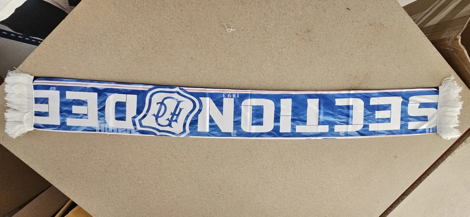 Blue and white scarf with the text Section DEE